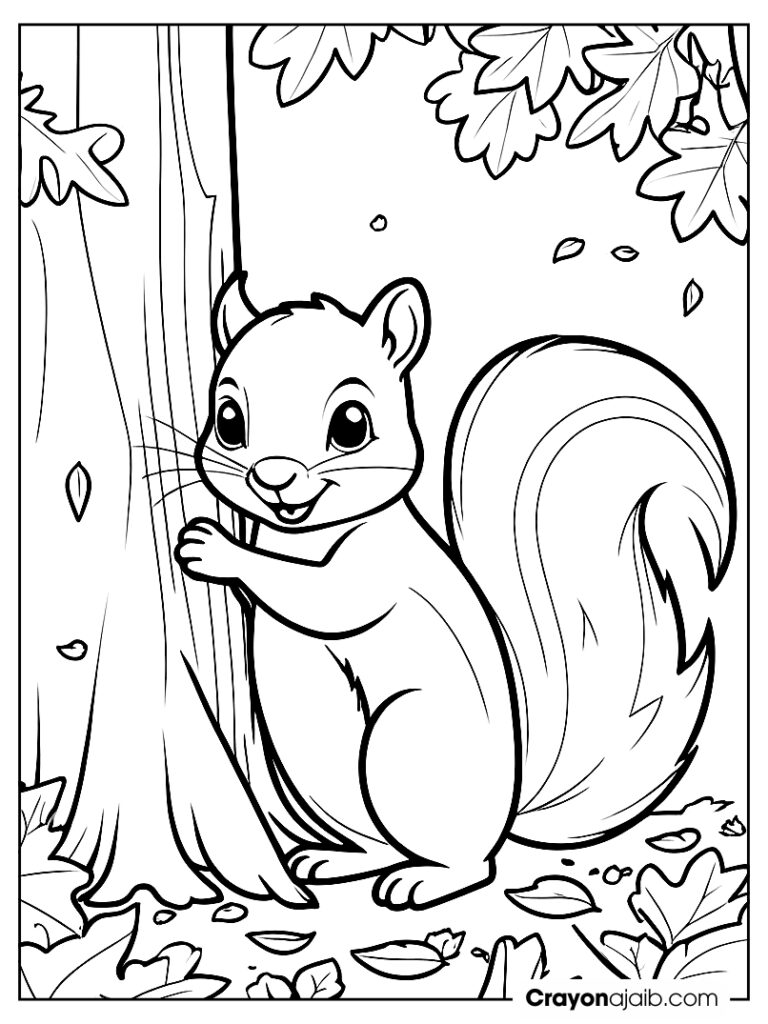 Squirrel behind tree coloring page ca