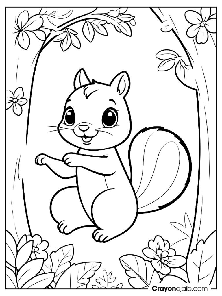 Squirrel playing in forest coloring page ca