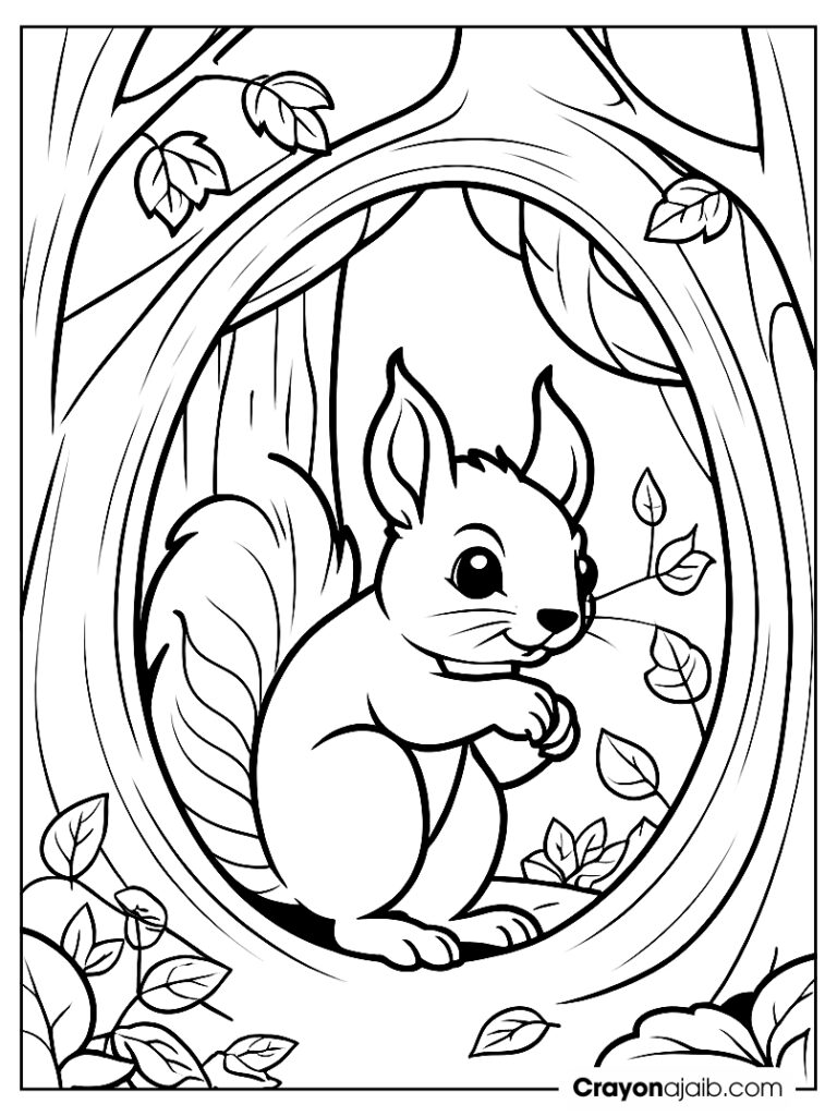 Squirrel in tree trunk coloring page ca