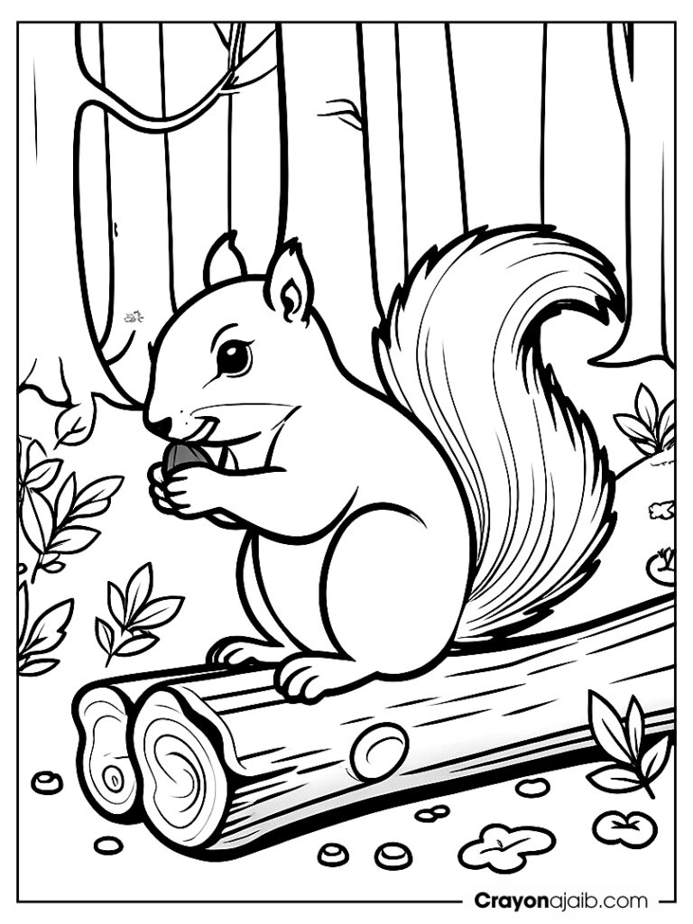 Squirrel on forest log coloring page ca