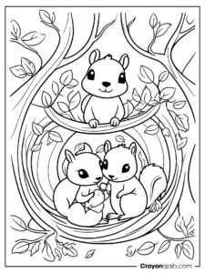 Tree nest with squirrel family coloring page ca