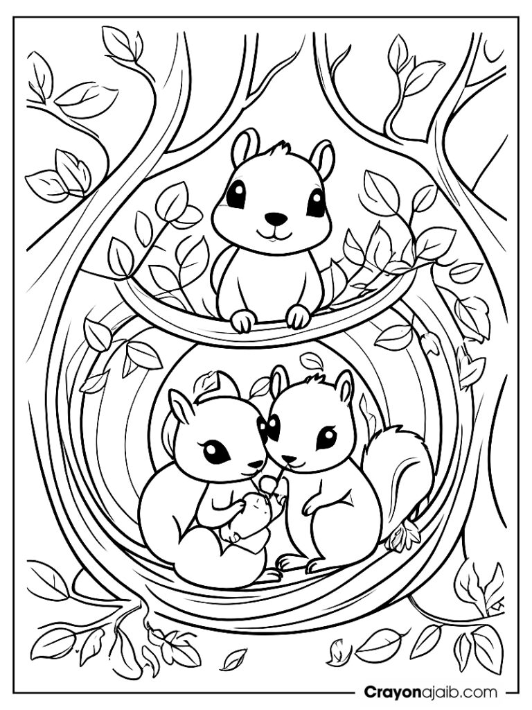 Tree nest with squirrel family coloring page ca