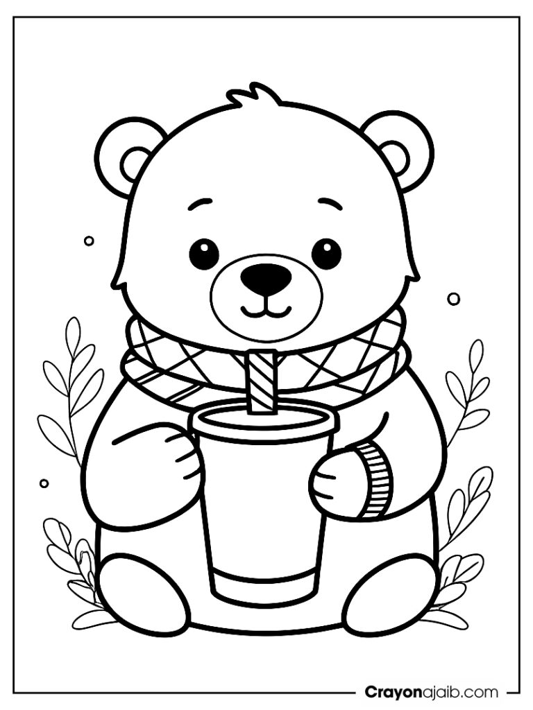 Winter bear coloring page with hot chocolate ca