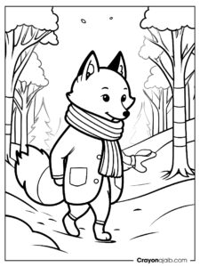 Winter fox coloring page with scarf ca