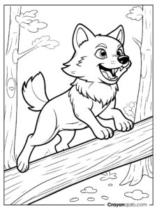 Wolf leaping over log coloring page ca