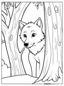 Wolf peeking behind tree coloring page ca