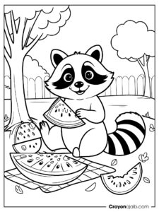 Raccoon enjoying a picnic with a slice of watermelon in a park coloring pages ca